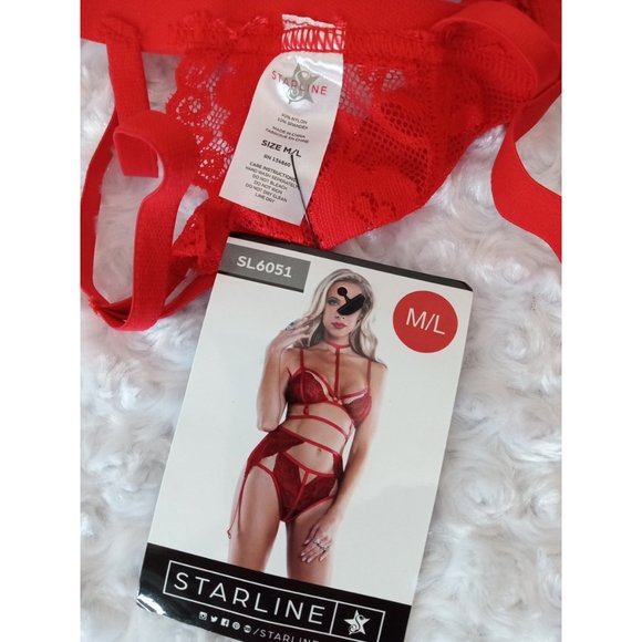 NWT Starline Red Strappy Halter Bralette And Garter 3 Piece Set Sz M/L - Picture 5 of 10